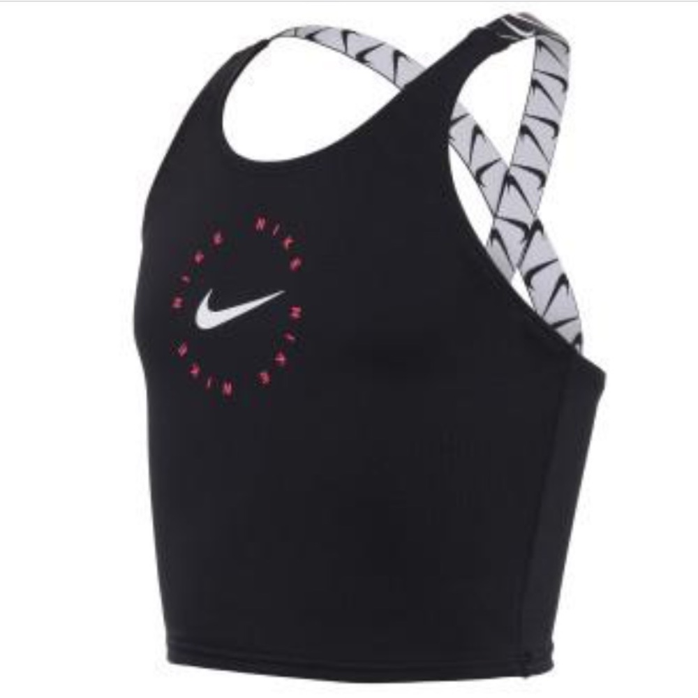 Nike Kids Black Cropped Swim Tank with White Swoosh and Patterned Straps